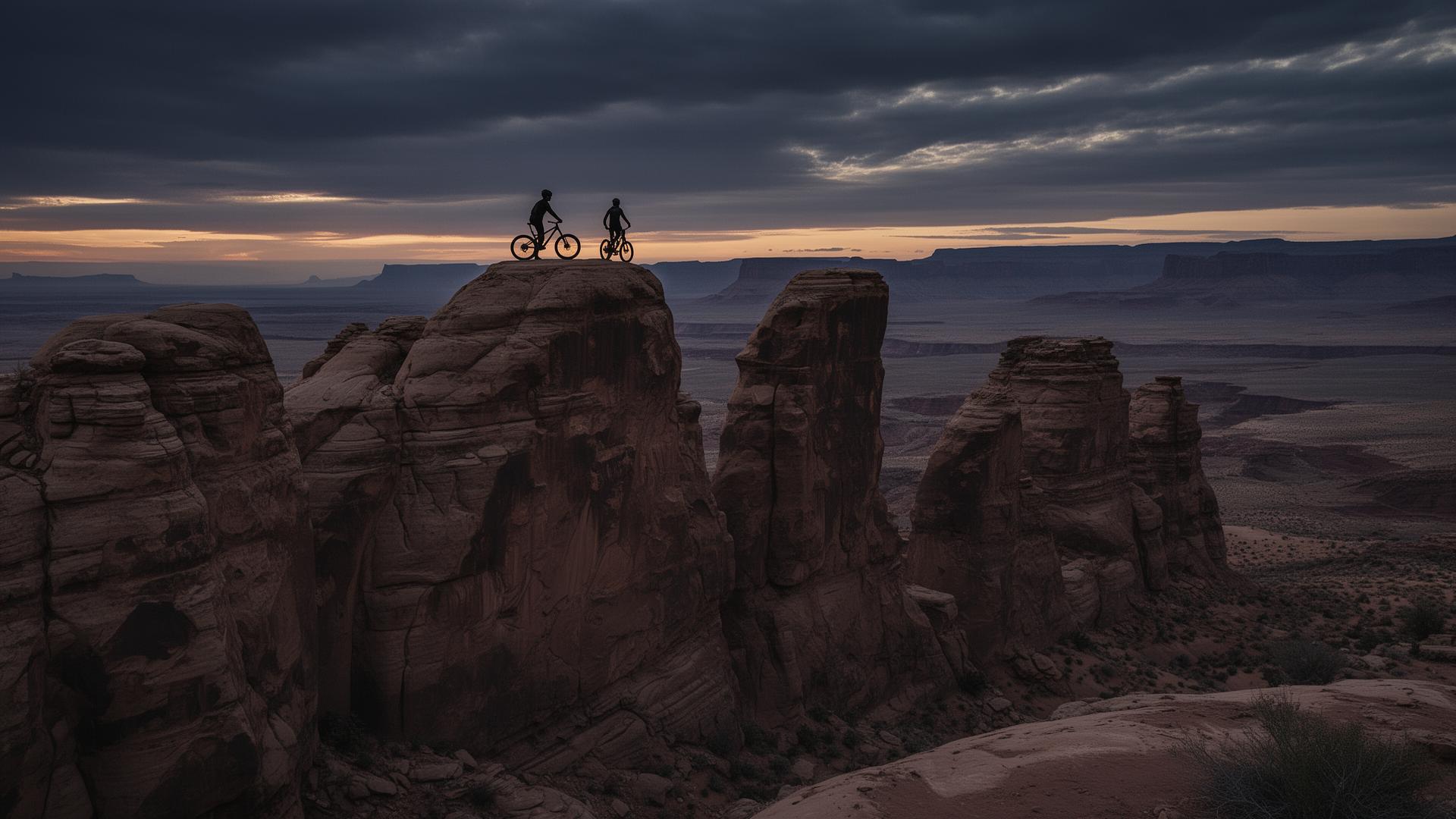 Two mountain bikers silhouetted atop sandstone formations at dusk